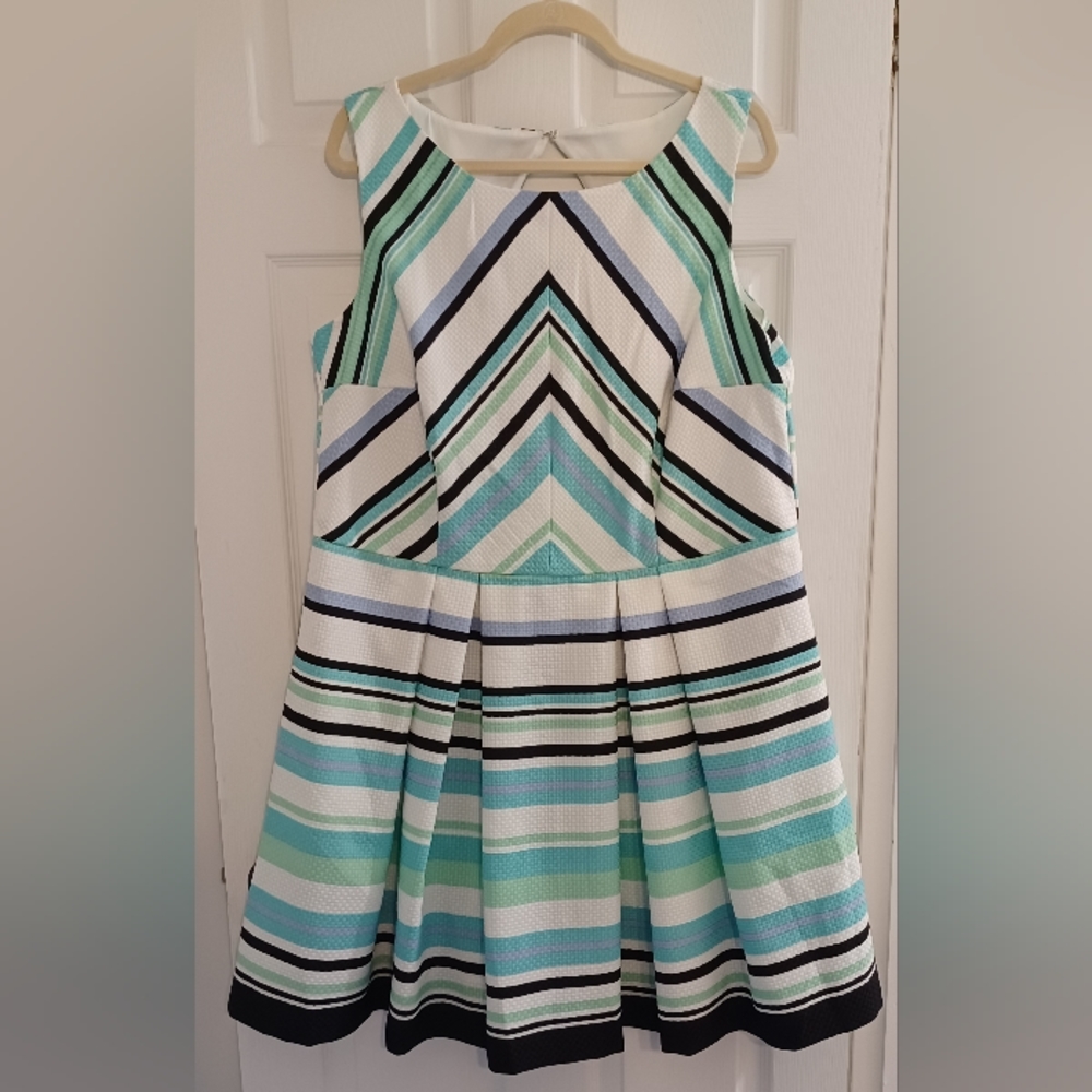 Danny & Nicole Mint, Aqua, Navy & White Striped Fit-and-Flare Mini Dress